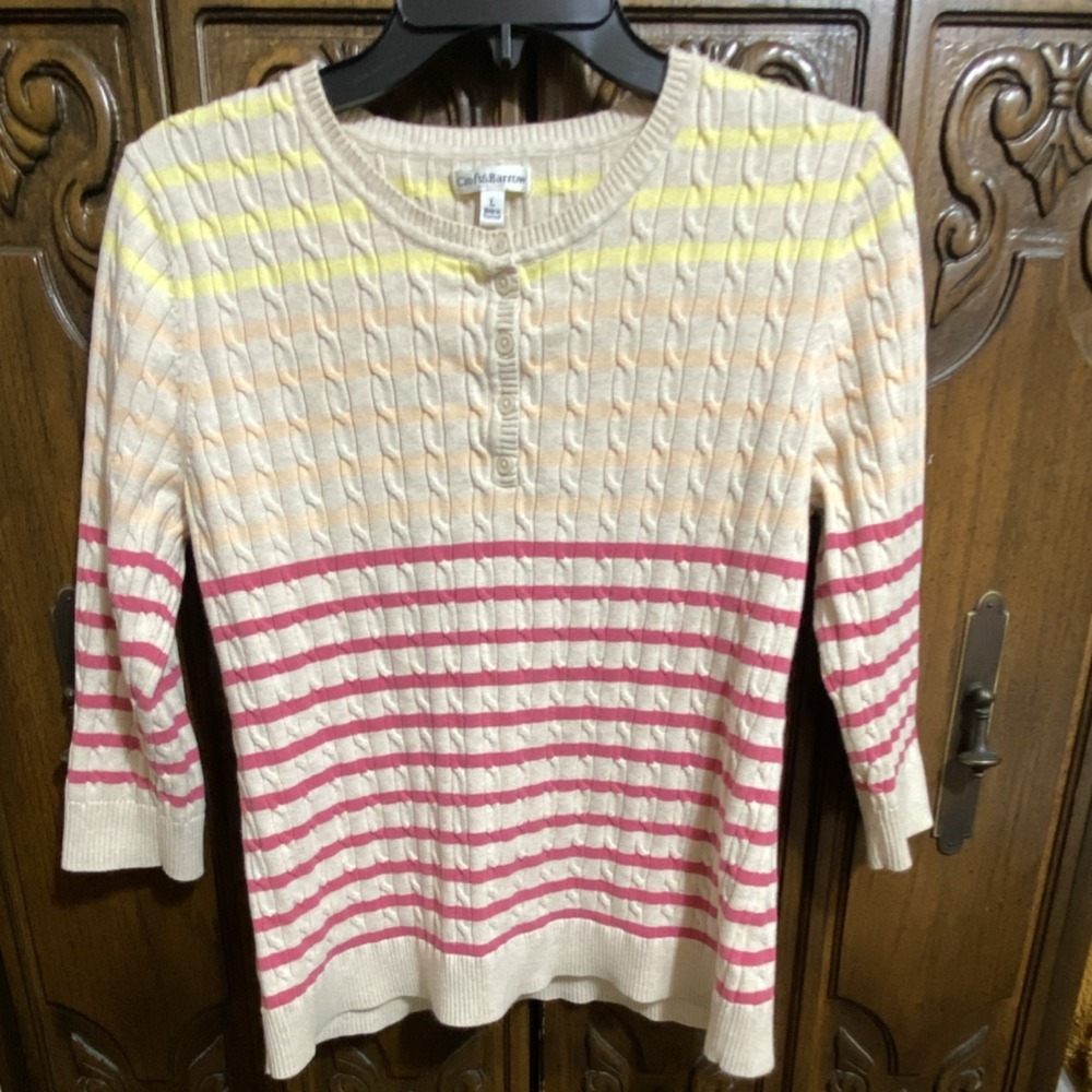 Croft & Barrow 100% Cotton Cable-Knit Striped Sweater Beige Pink Yellow Y2KL